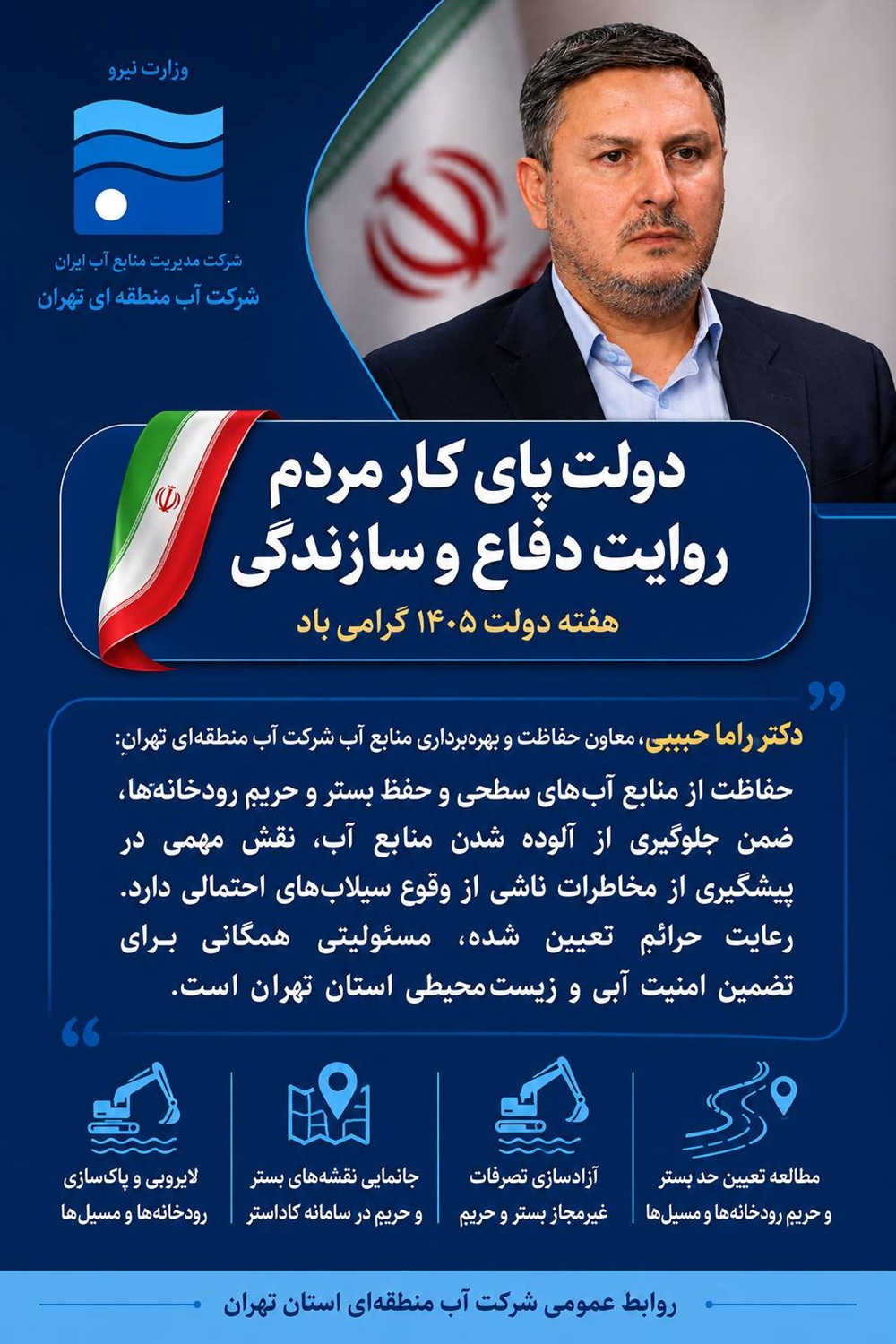 تاکید معاون حفاظت و بهره‌برداری منابع آب شرکت آب منطقه‌ای تهران بر صیانت از بستر و حریم رودخانه‌ها در هفته دولت